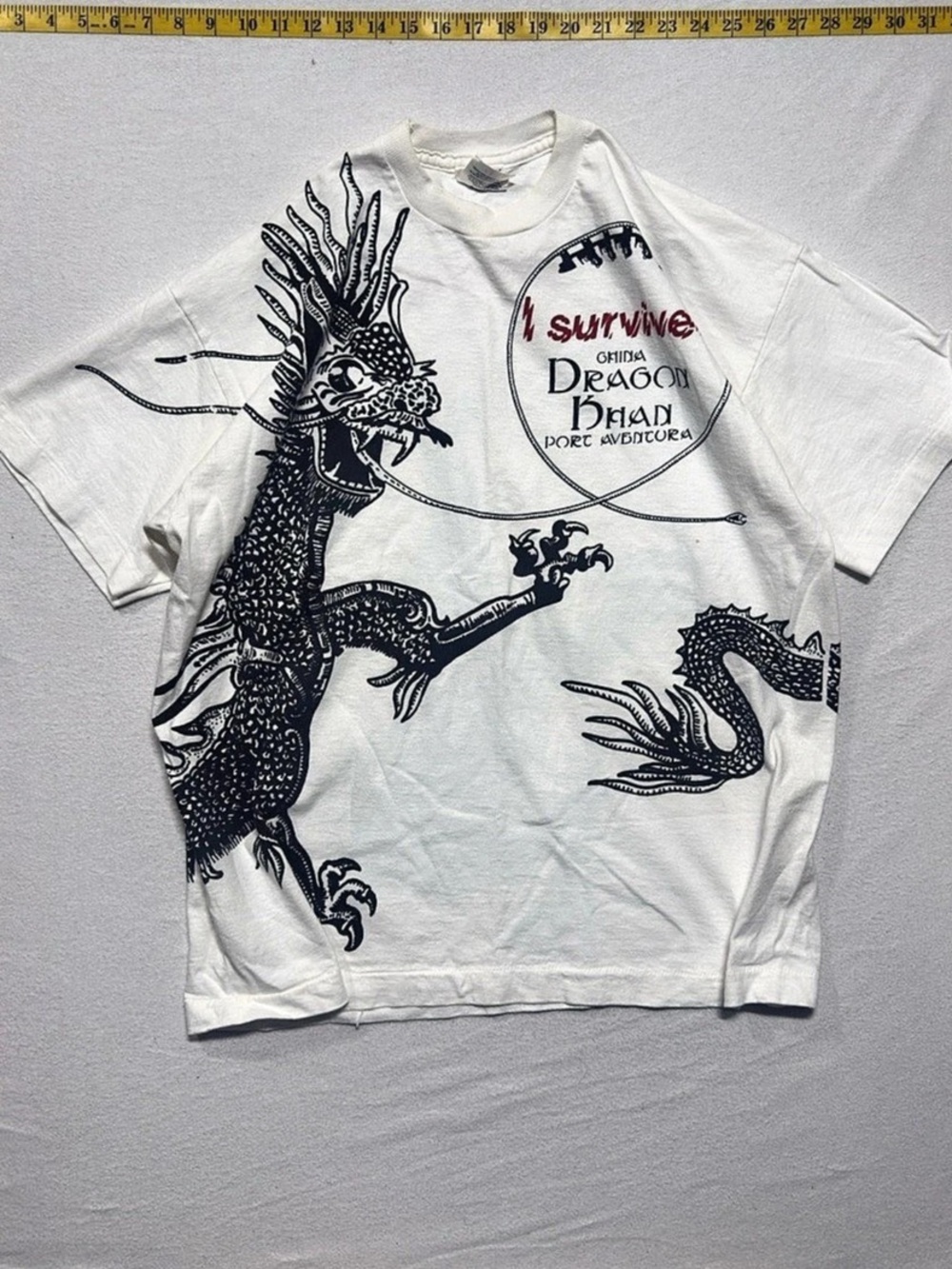 Port Aventura Dragon Khan I Survived Rollercoaster T-Shirt Graphic Tee White XL